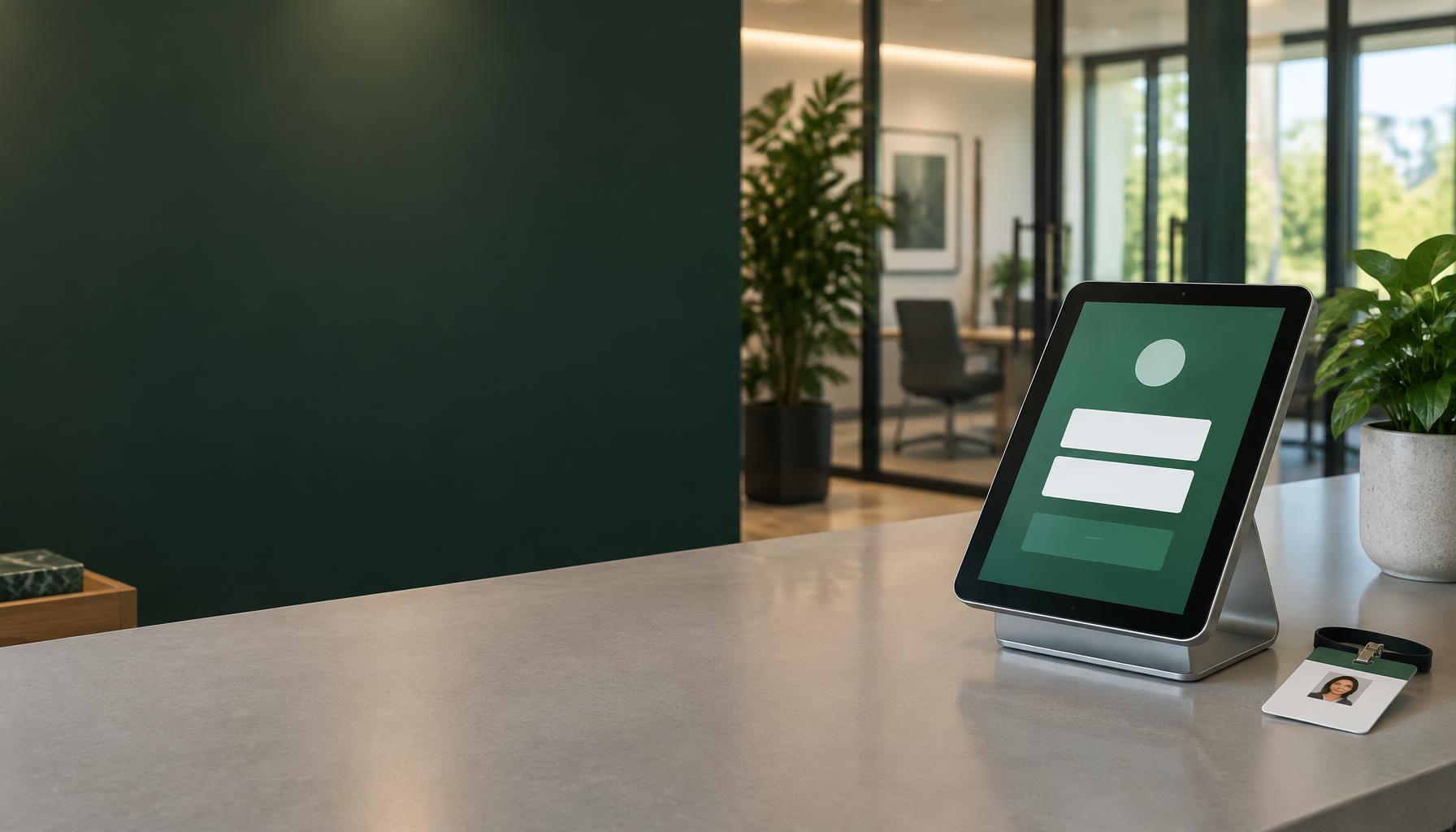 Tablet visitor check-in and a photo badge at a modern office reception